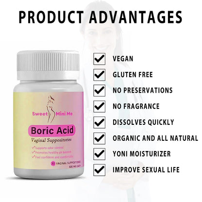 Sweet Mini Me 600mg Boric Acid Suppositories – Natural Vaginal Health Support for Women – pH Balance, Odor & Itch Relief – 30 Count Capsules GenericUS supplements
