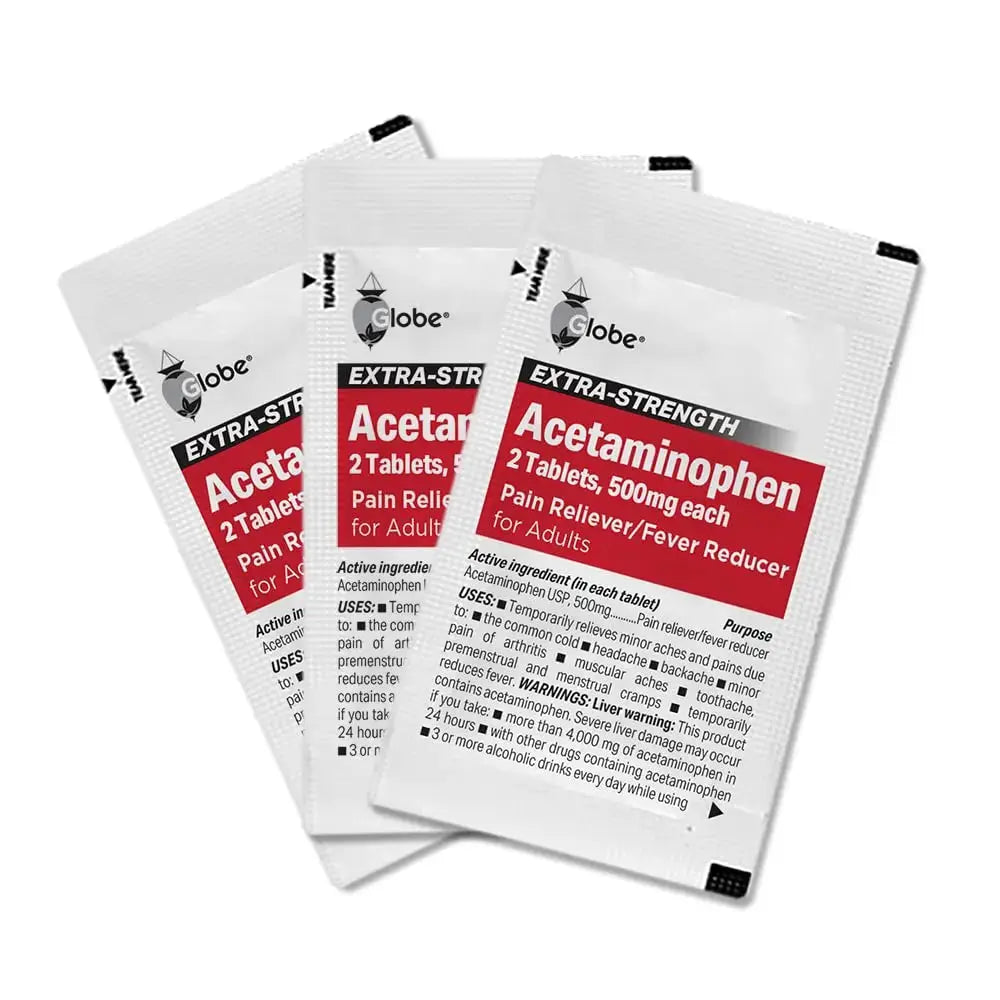 Globe Extra Strength Acetaminophen Tablets 500 mg, Pain Reliever and Fever Reducer, Gentle on Stomach, for Arthritis Pain, Backache Pain and More, 50 Packets of 2 Tablets Each, 100 Count GlobeAu supplements