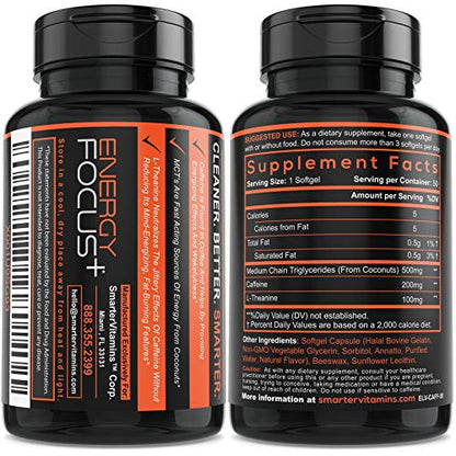 200mg Caffeine Pills - MCT Oil from 100% Coconuts + 100mg L-Theanine, Advanced Energy SmarterVitaminsUS supplements