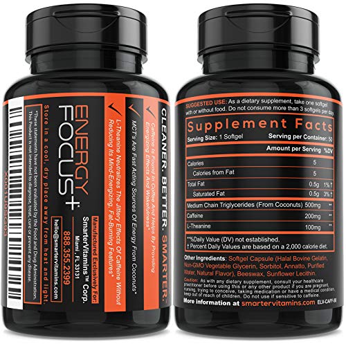 200mg Caffeine Pills - MCT Oil from 100% Coconuts + 100mg L-Theanine, Advanced Energy SmarterVitaminsAu supplements