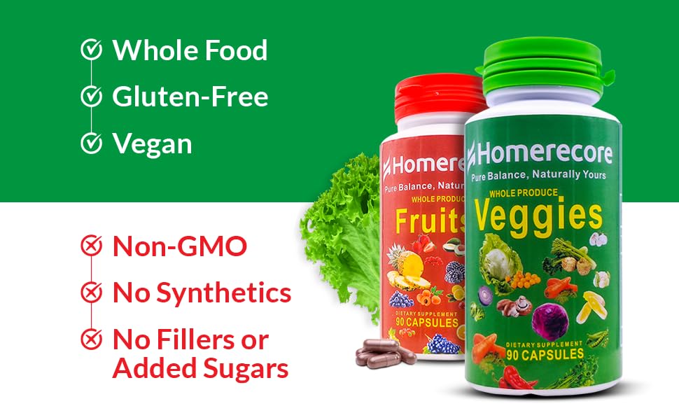 HOMERECORE Whole Food Fruits & Veggies Supplement Plant-Based, Vegan, Gluten-Free, Soy-Free No Fillers Natural Superfoods Boost Energy & Immune System for Men & Women 90 Fruit & 90 Veggie Capsules HOMERECOREAu supplements