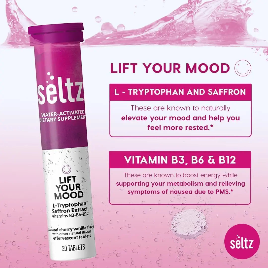 Seltz® Lift Your Mood – Effervescent Vitamins for Mood Support & Energy with L-Tryptophan, Saffron Extract & B Vitamins (B3, B6, B12) SeltzAu supplements