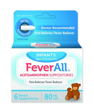Feverall Infant Acetaminophen Suppositories 6 Rectal Suppositories 80mg Each Pain Reliever/Fever Reducer. Paraben Free, No Artificial Colors or Other preservatives. Ages 6-36 Months FeverallAu supplements