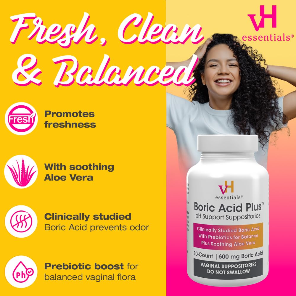 vH Essentials Boric Acid Plus Vaginal Suppositories, Prebiotic Infused with Soothing Aloe Vera, pH Support Formula Fights Odor and Promotes Freshness, 600mg Boric Acid, 30 Count vH essentialsUS supplements