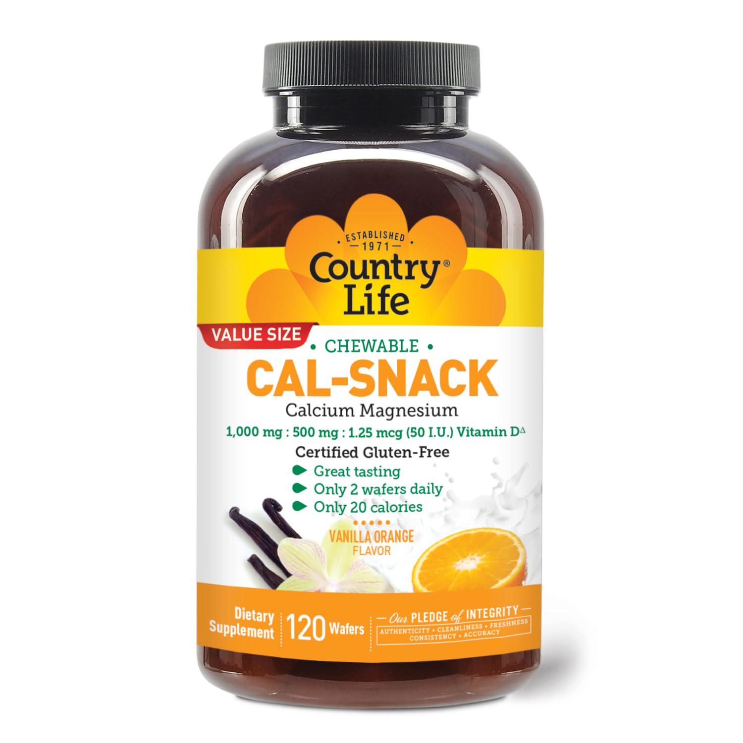 Country Life Cal-Snack - Chewable Calcium Magnesium Supplement wafers with Vitamin D3, Easy to Digest, Vanilla Orange Flavor, Dietary Supplement Country LifeAu supplements