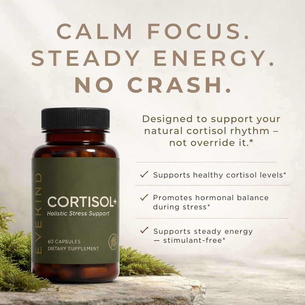 EVEKIND Cortisol Manager + Women’s Stress Relief & Hormone Balance Supplement – Adrenal Support for Mood, Focus & Energy – KSM-66® Ashwagandha, Rhodiola, L-Theanine – Vegan, Non-GMO, 60 Capsules EVEKINDAu supplements