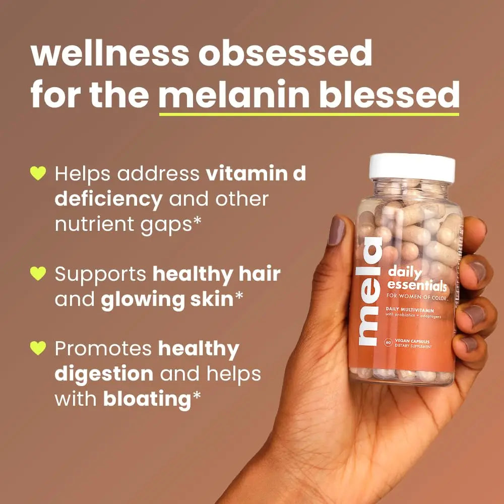 Mela Daily Essentials Multivitamin for Melanated Women - High-Dose Vitamin D3 and B12, Probiotics, Lion's Mane, Ceylon Cinnamon MelaAu supplements