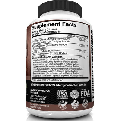 Nutrivein Mushroom Supplement - 2600mg - 90 Capsules - 11 Organic Mushrooms NutriveinUS supplements