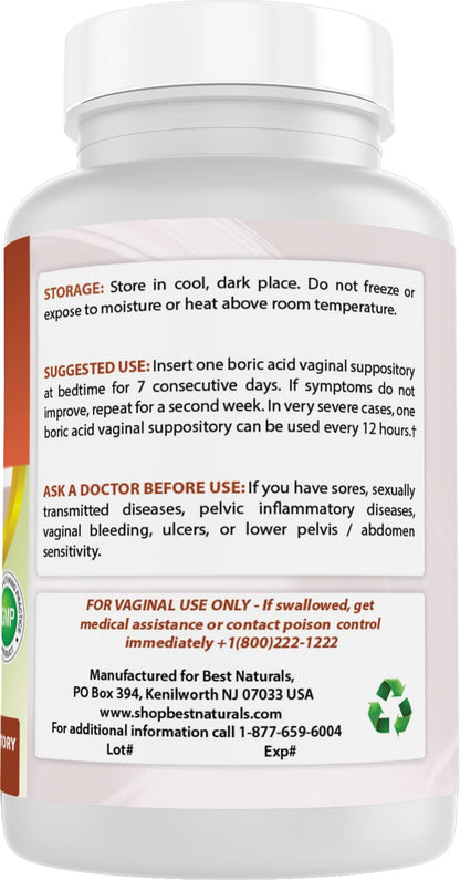 Best Naturals Boric Acid Vaginal Suppositories - Made in USA - USP Medical Grade Fine Powder, Easy Dissolve, Third Party Tested - 60 Count Best NaturalsUS supplements