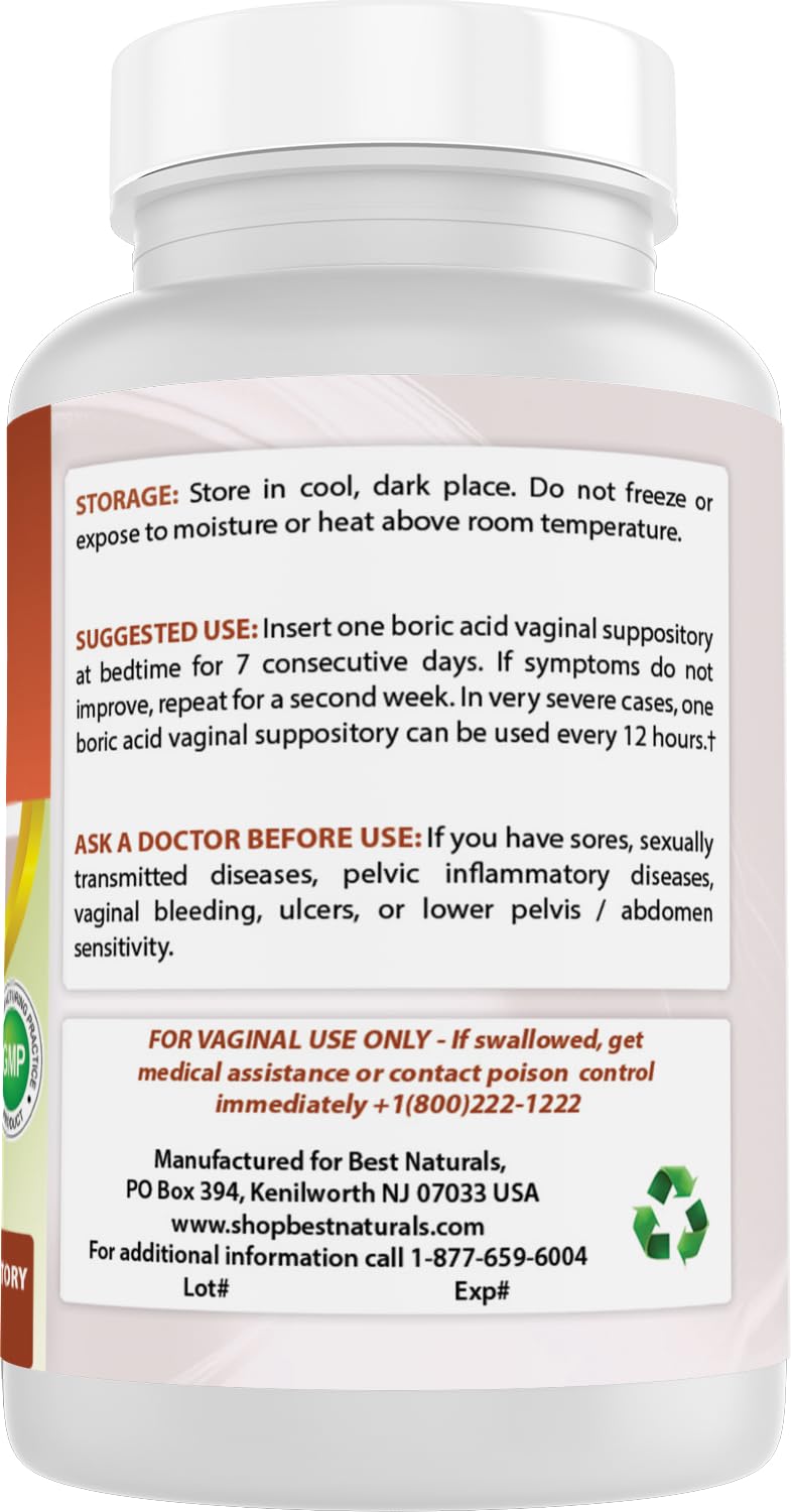 Best Naturals Boric Acid Vaginal Suppositories - Made in USA - USP Medical Grade Fine Powder, Easy Dissolve, Third Party Tested - 60 Count Best NaturalsUS supplements