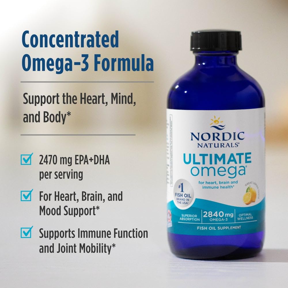 Nordic Naturals Ultimate Omega Liquid, Lemon Flavor - 8 oz - 2840 mg Omega-3 - High-Potency Fish Oil Supplement with EPA & DHA - Promotes Brain & Heart Health - Non-GMO - 48 Servings Nordic NaturalsAu supplements