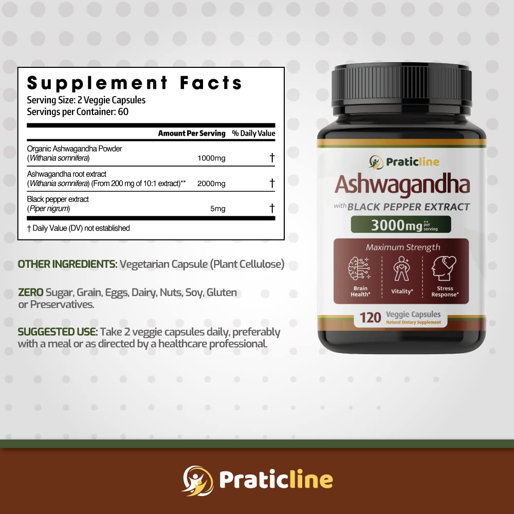 PRATIC LINE Ashwagandha Capsules 3,000 mg - 120 Vegan Cap Made with Organic PRATIC LINEAu supplements