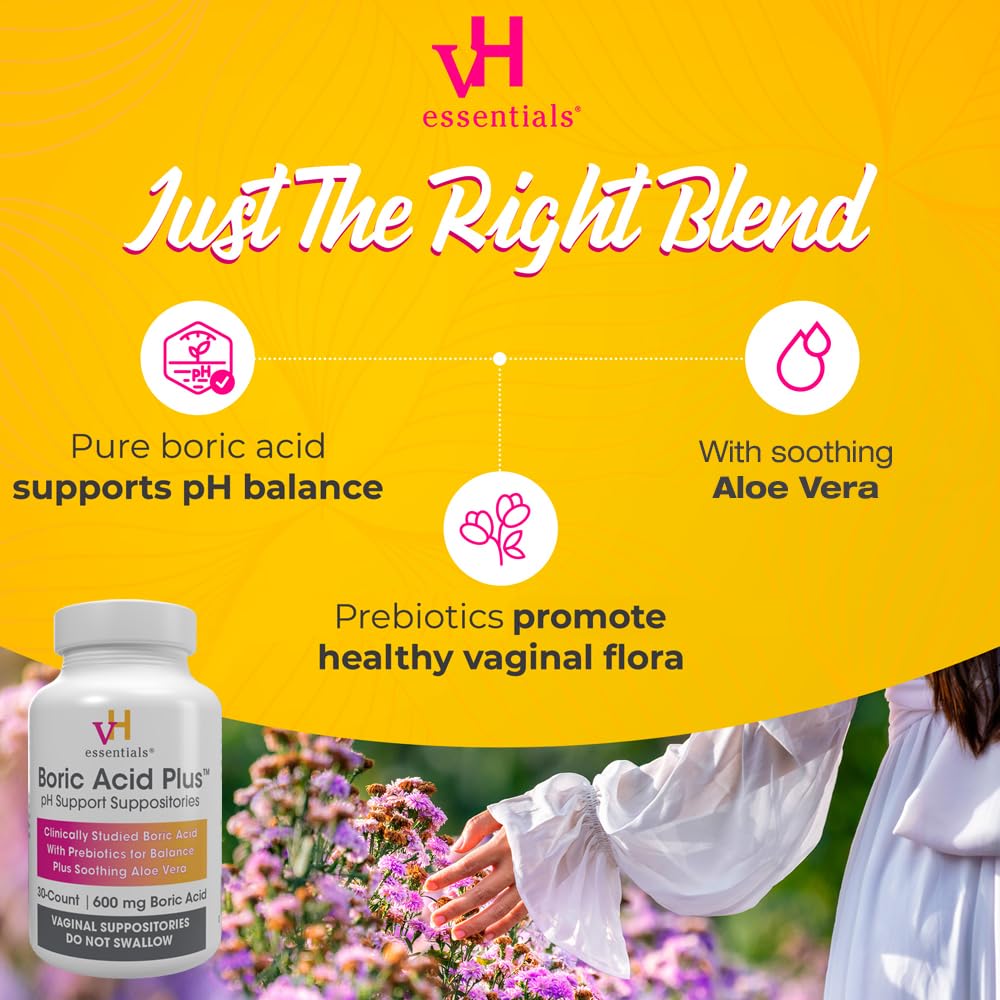 vH Essentials Boric Acid Plus Vaginal Suppositories, Prebiotic Infused with Soothing Aloe Vera, pH Support Formula Fights Odor and Promotes Freshness, 600mg Boric Acid, 30 Count vH essentialsUS supplements