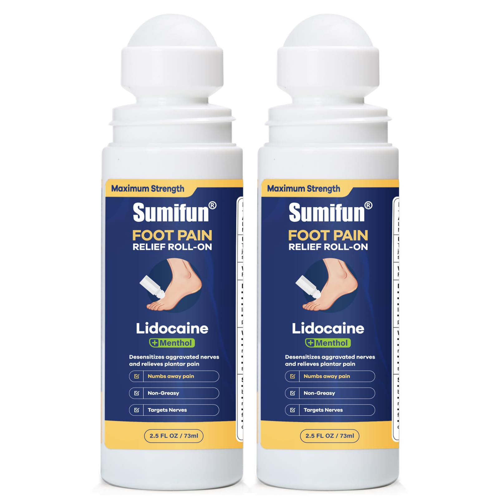 Sumifun Foot Pain Relief Lidocaine Roll-On - Maximum Strength OTC for Plantar Fasciitis & Heel Pain - Fast-Drying, Non-Greasy Formula, 2.5 Fl Oz * 2 SumifunAu supplements