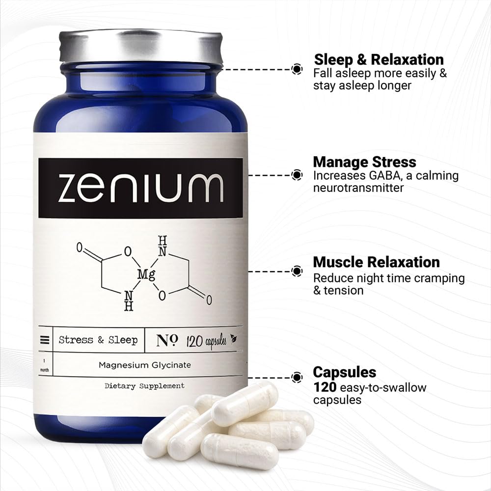 Zenium - Magnesium Glycinate for Sleep, Chelated, 600mg per Serving, 120 Capsules | High Absorption | Relieve Tension, Worry, Nervousness | Calm The Mind & Body | Ayurvedic | Natural Relief Supplement ZeniumAu supplements