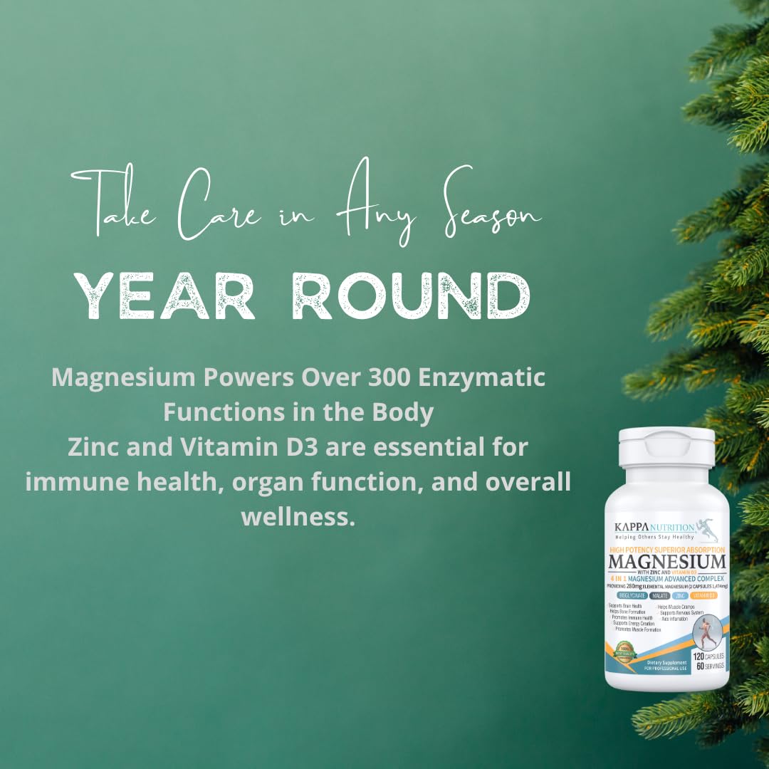 Kappa Nutrition Magnesium 4-in-1, 280mg Elemental Magnesium (Bisglycinate, Malate) + Zinc & Vitamin D3, Brain, Sleep, Energy, Muscle, Immune Support, 120 Vegan Capsules. KAPPA NUTRITIONAu supplements