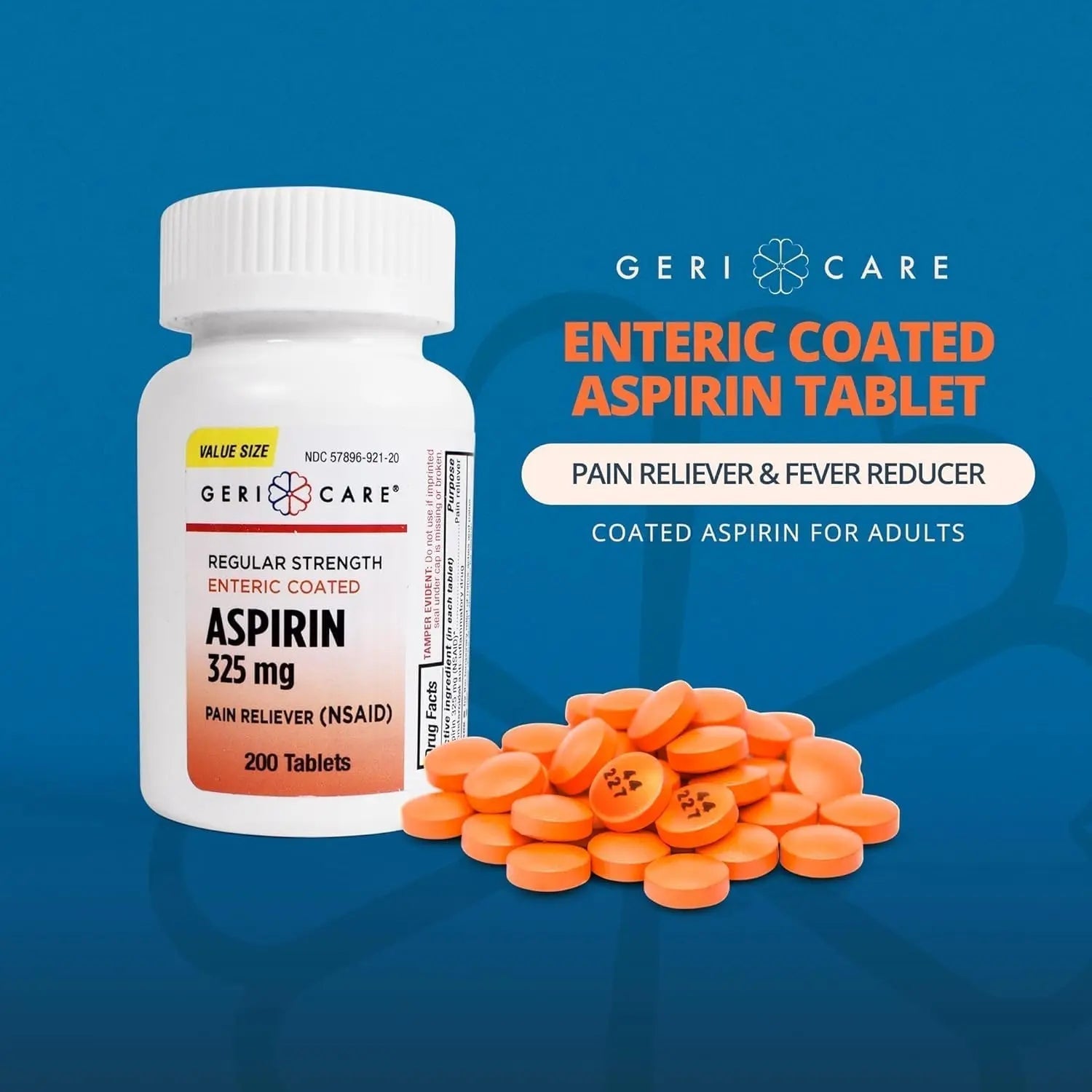 GeriCare Enteric Coated Aspirin Tablets 325mg (200 Count) NSAID Pain Reliever & Fever Reducer for Adults- Regular Strength Aspirin for Headache Arthritis Menstrual & Muscle Pain GeriCareAu supplements