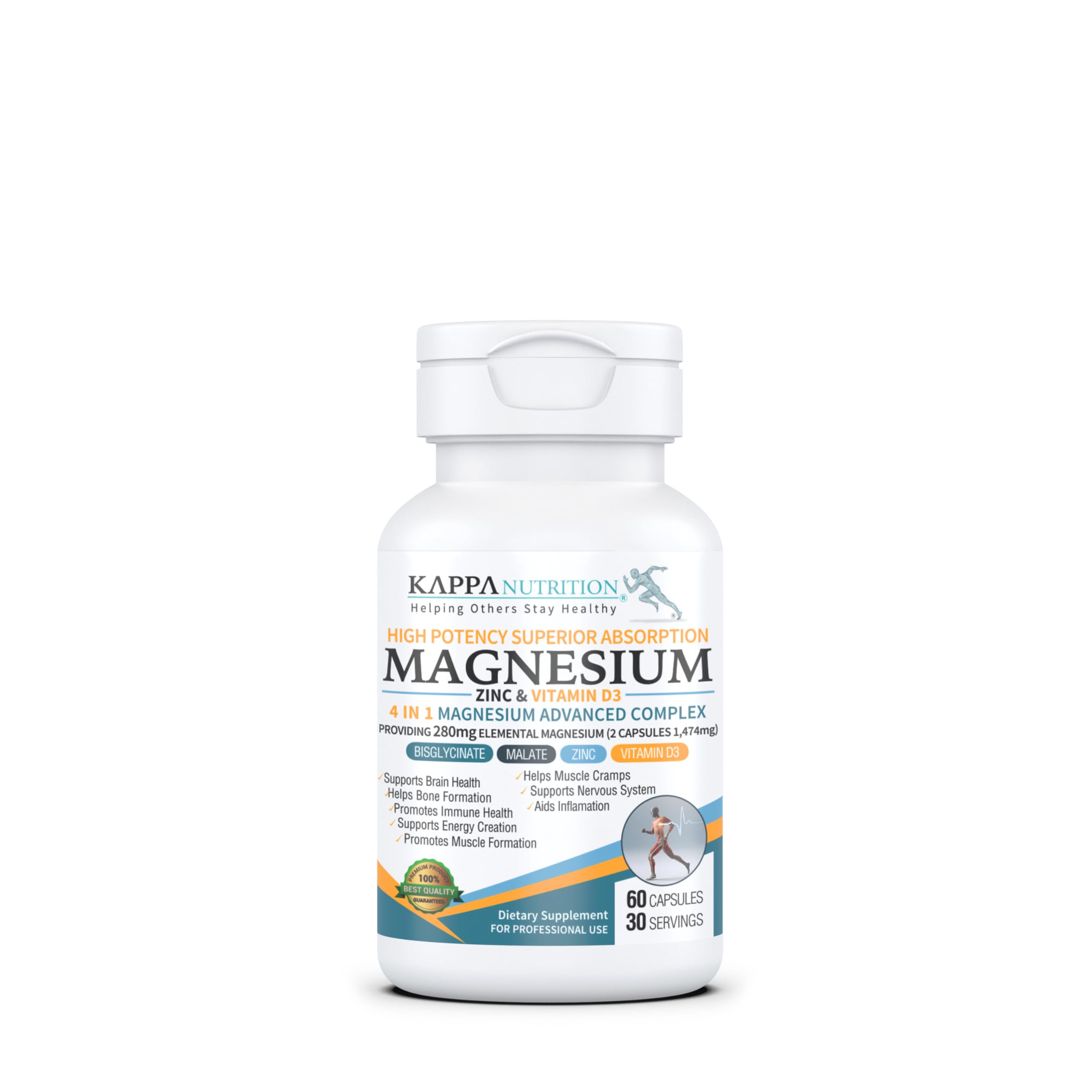 Kappa Nutrition Magnesium 4-in-1, 280mg Elemental Magnesium (Bisglycinate, Malate) + Zinc & Vitamin D3, Brain, Sleep, Energy, Muscle, Immune Support, 60 Vegan Capsules. KAPPA NUTRITIONAu supplements