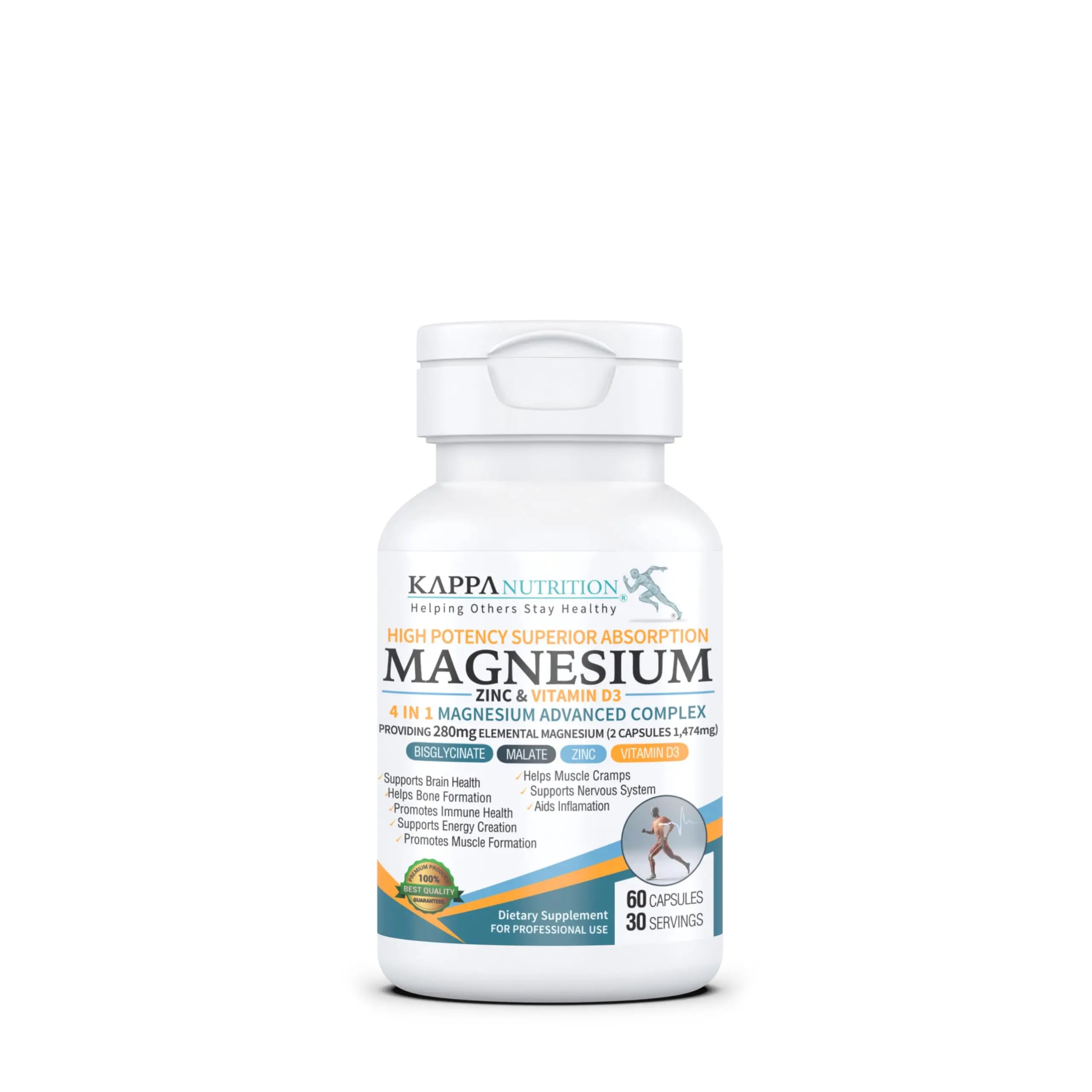 Kappa Nutrition Magnesium 4-in-1, 280mg Elemental Magnesium (Bisglycinate, Malate) + Zinc & Vitamin D3, Brain, Sleep, Energy, Muscle, Immune Support, 60 Vegan Capsules. KAPPA NUTRITIONAu supplements