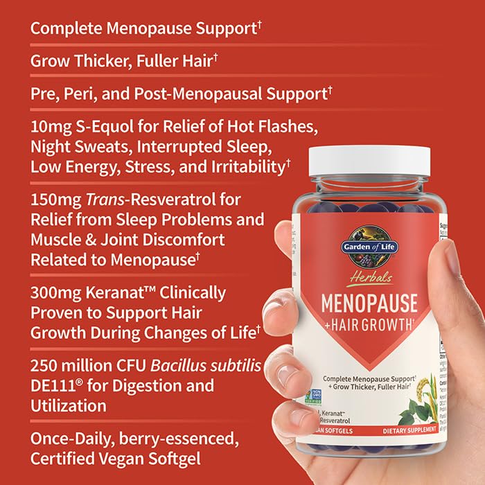 Garden of Life Herbals Menopause Supplement with S-equol & Trans-Resveratrol for Multi-Symptom Relief, Keranat for Thicker, Fuller Hair Growth – Non-GMO, Gluten-Free, Vegan, Berry Flavor, 30 Servings Garden of LifeAu supplements