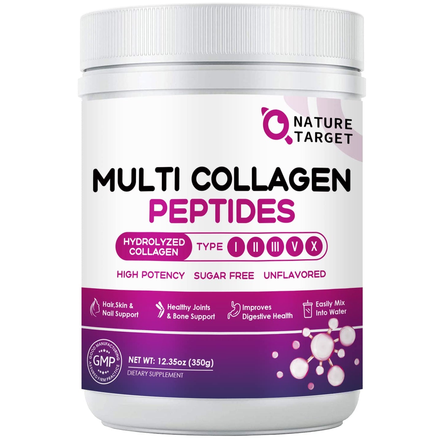 NATURE TARGET Multi Collagen Peptides Powder - Type I, II, III, V, X - Hydrolyzed Collagen Peptides with Vitamin C Hyaluronic Acid, Supports Skin Hair Nail & Joint NATURE TARGETUS supplements