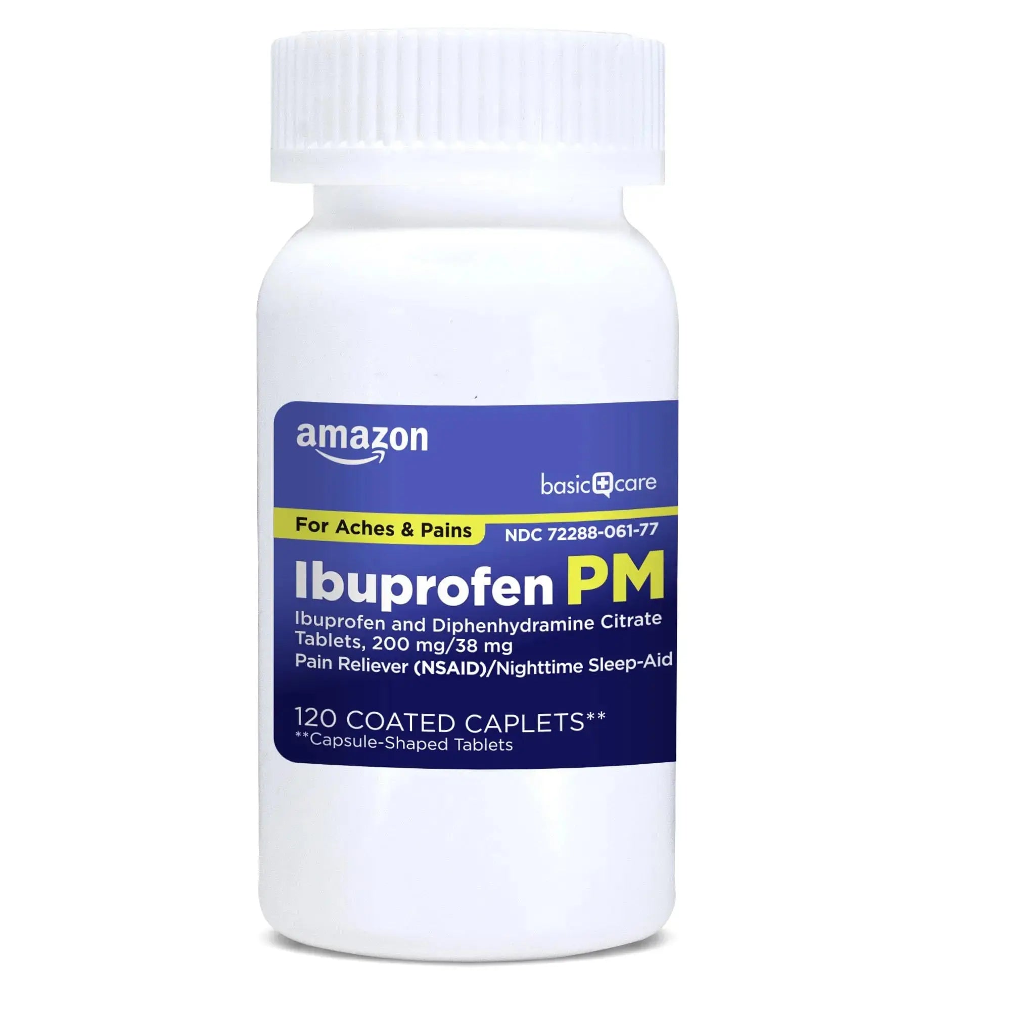 Amazon Basic Care Ibuprofen PM, Ibuprofen 200 mg and Diphenhydramine Citrate 38 mg, Pain Reliever and Nighttime Sleep-Aid, Capsule-Shaped Tablets, 120 Count Amazon Basic CareAu supplements