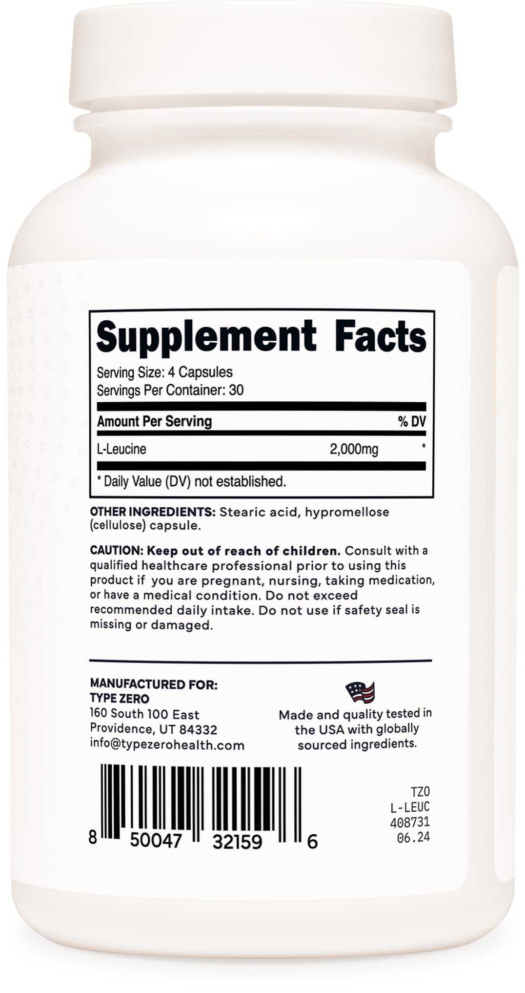 Type Zero L-Leucine Capsules (2000mg per Serving) 120 Capsules - 30 Servings Type ZeroUS supplements