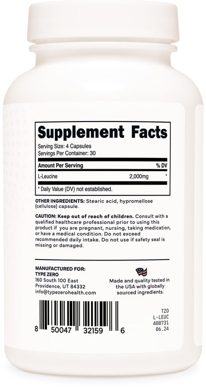 Type Zero L-Leucine Capsules (2000mg per Serving) 120 Capsules - 30 Servings Type ZeroUS supplements