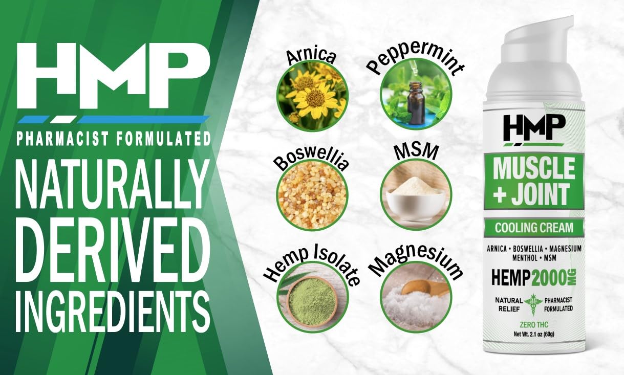 HMP BRANDS Hemp Cream Muscle & Joint Support 2000MG Hemp Discomfort Relief Formula w Menthol Ideal for Knee Muscle Joint Back Shoulder Elbow Maximum Joint Support, Natural Formula Made in USA 2.1oz HMP BRANDSAu supplements