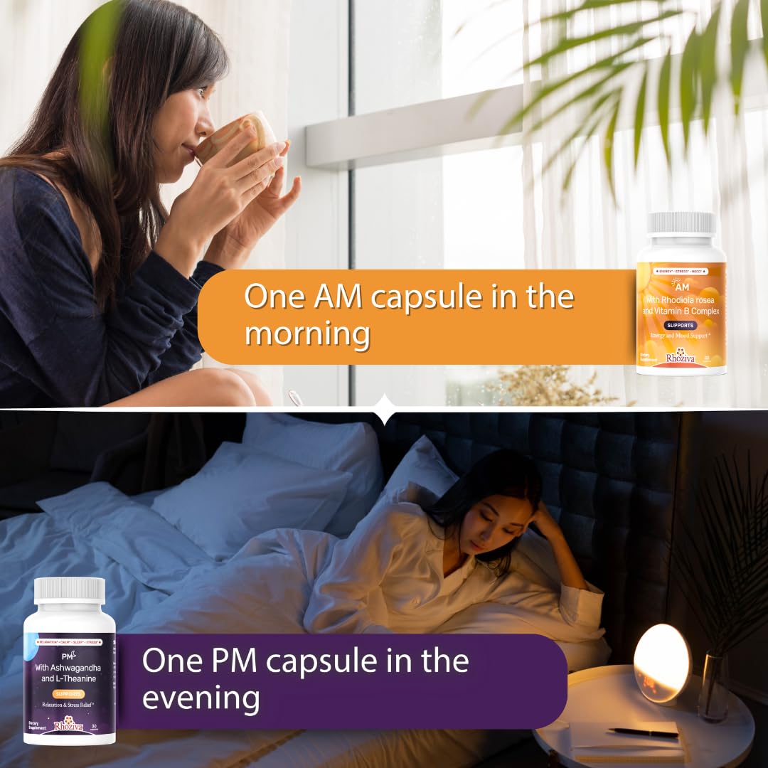 AM PM Multivitamin - Cortisol Supplements for Women and Men with L-Theanine, Ashwagandha - Rhodiola Rosea Supplement 200mg - Vitamin B Complex - Nootropics - Day and Night Vitamins for Women & Men RhozivaAu supplements