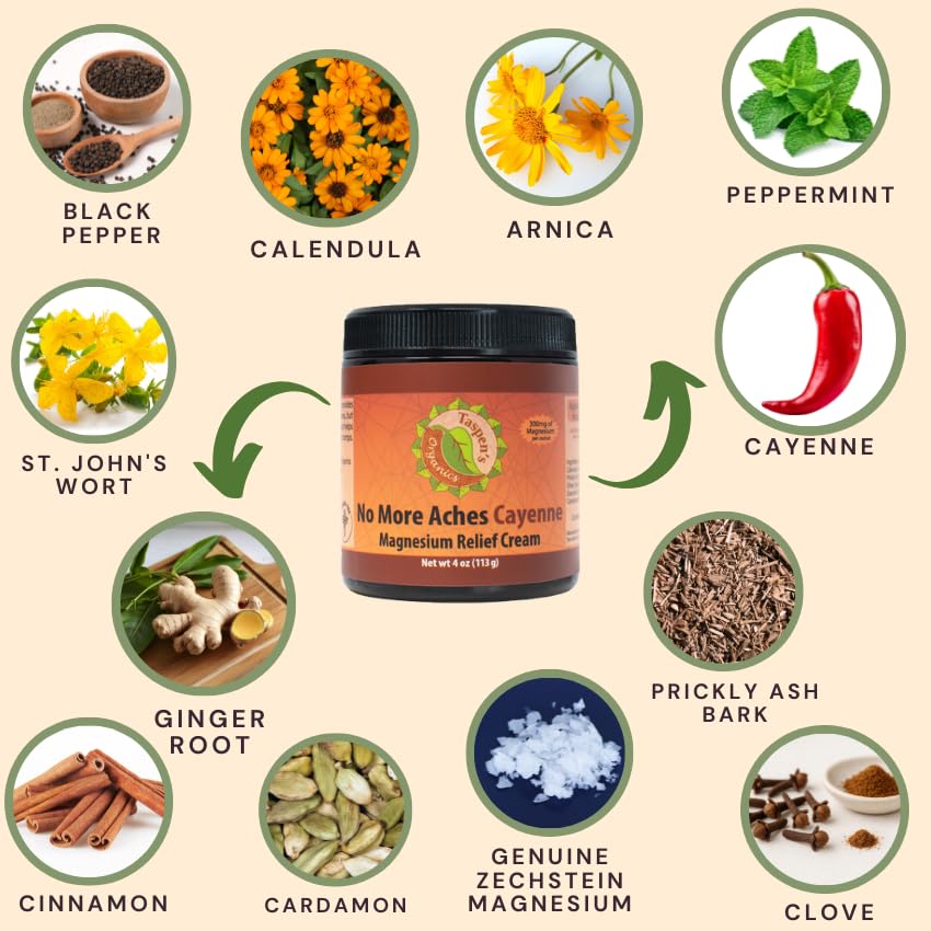 Taspen's Organics Magnesium No More Aches Cayenne Relief Cream – Pain, Tension & Nerve Comfort – Muscle Relief – Warming with Cayenne, Ginger, Arnica & St. John's Wort – Topical Fast Relief (1.7 oz) Taspen's OrganicsAu supplements