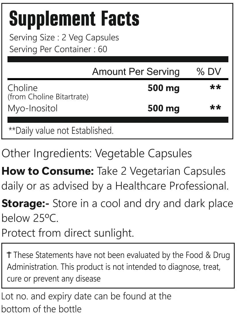 VitaCosmoX Choline and Myo-Inositol Supplement, 1000 mg Each, 120 Veggie Capsules 100% Vegetarian, Non-GMO & Gluten Free VitaCosmoXnz supplements