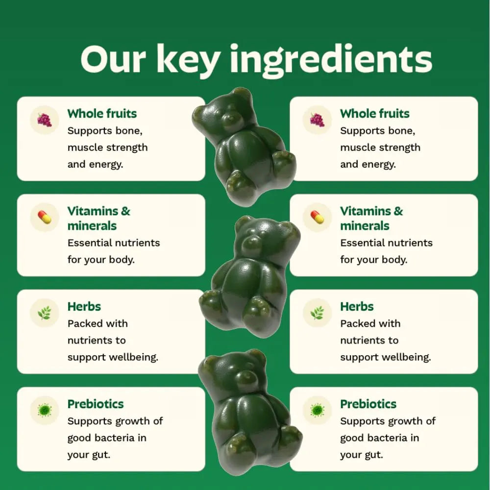 Gruns Adults Super Greens Multivitamin Gummies, Superfood Vitamin Gummy Bears with Spirulina, Chlorella, Prebiotic Fiber for Digestive Health GrünsAu supplements