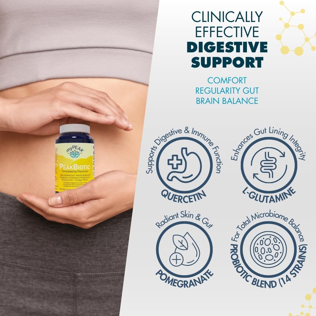 myPEAK PeakBiotic: The Ultimate Vegan Synbiotic with 50 Billion CFU Probiotics Prebiotics Postbiotics Modbiotics and Gut Lining to Enhance Digestion, Skin, and Mood with 2-Month Supply, 60 Capsules myPEAKAu supplements