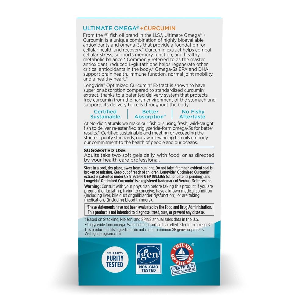 Nordic Naturals Omega Curcumin, Lemon - 60 Soft Gels - 1200 mg Omega-3 + 400 mg Optimized Curcumin - Combats Cellular Stress - Non-GMO - 30 Servings Nordic NaturalsAu supplements