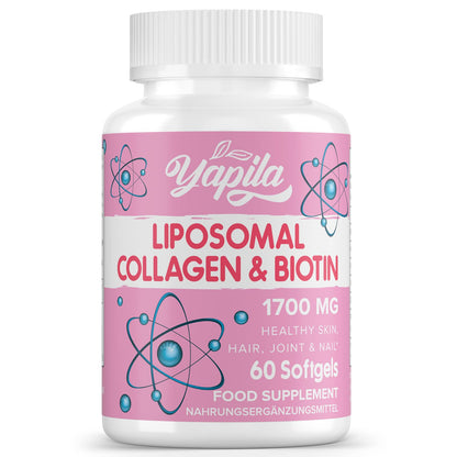 Liposomal Collagen Biotin Capsules, Hydrolyzed Bovine Collagen Peptides 1700 mg, Types 1 & 3 Protein YapilaUS supplements
