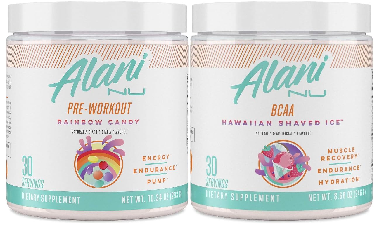 Alani Nu Rainbow Candy Pre Workout and BCAA Hawaiian Shaved Ice Post Workout Powder Alani NuAu supplements