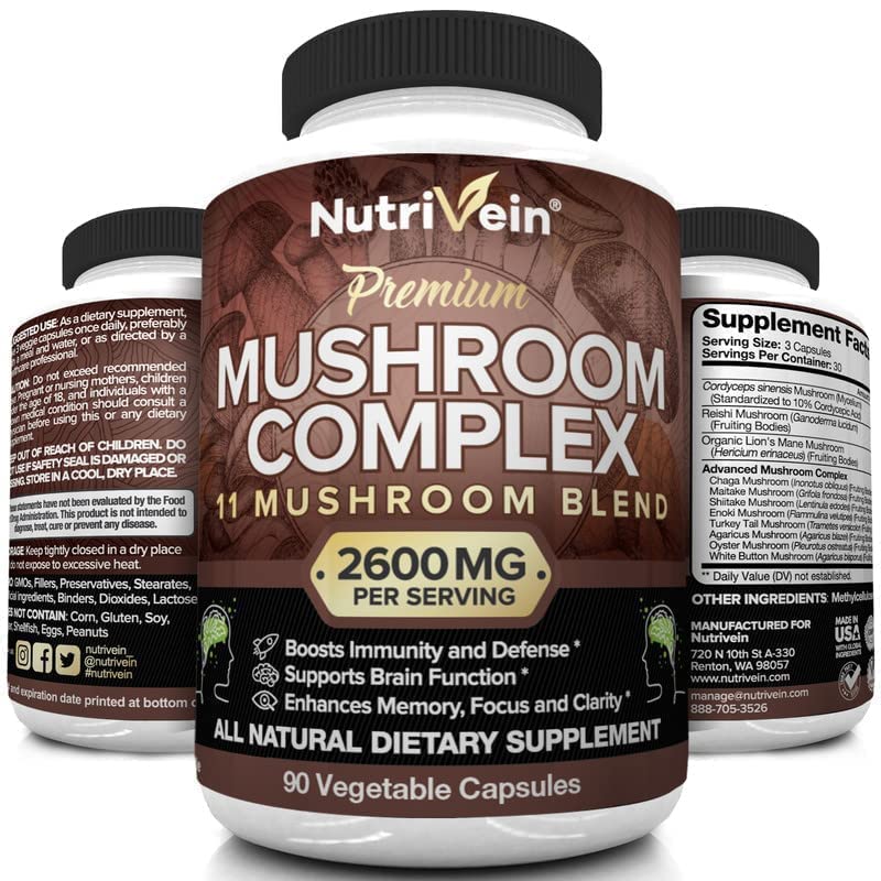 Nutrivein Mushroom Supplement - 2600mg - 90 Capsules - 11 Organic Mushrooms NutriveinUS supplements