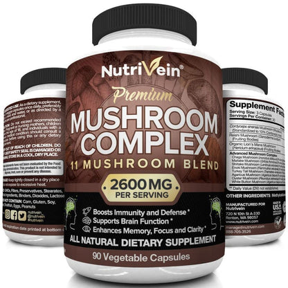 Nutrivein Mushroom Supplement - 2600mg - 90 Capsules - 11 Organic Mushrooms NutriveinUS supplements