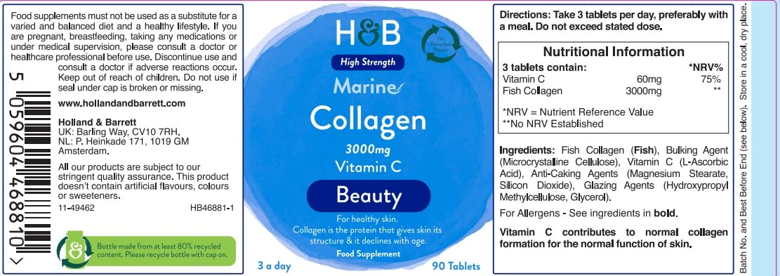 Holland and Barrett Marine Collagen with Vitamin C 3000mg 90 Tablets Holland & BarrettUS supplements