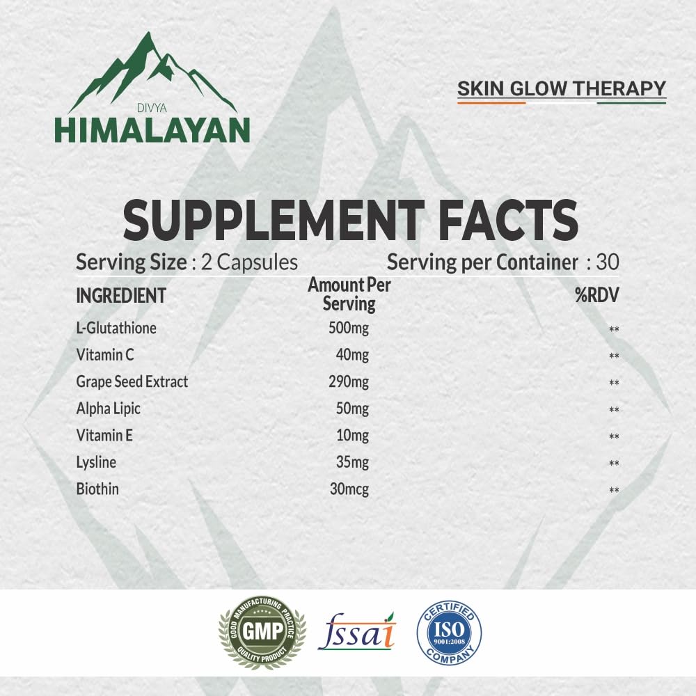 Divyhimalayan L-Glutathione 1000mg - 98% Pure Reduced Form with Vitamin C & ALA for Radiant Skin, Antioxidant & Immune Support - 60 Capsules Divya HimalayanAu supplements