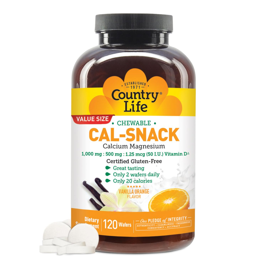 Country Life Cal-Snack - Chewable Calcium Magnesium Supplement wafers with Vitamin D3, Easy to Digest, Vanilla Orange Flavor, Dietary Supplement Country LifeAu supplements