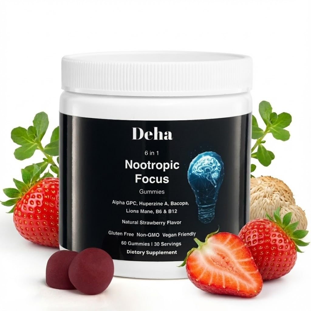 Deha Focus Gummies Nootropic Brain Supplement with Vitamin B6 Vitamin B12, Alpha GPC, Huperzine A, Bacopa Monnieri, Lions Mane Mushroom Gummies – Vegan, Non-GMO, Gluten-Free – 60 Gummies DehaAu supplements
