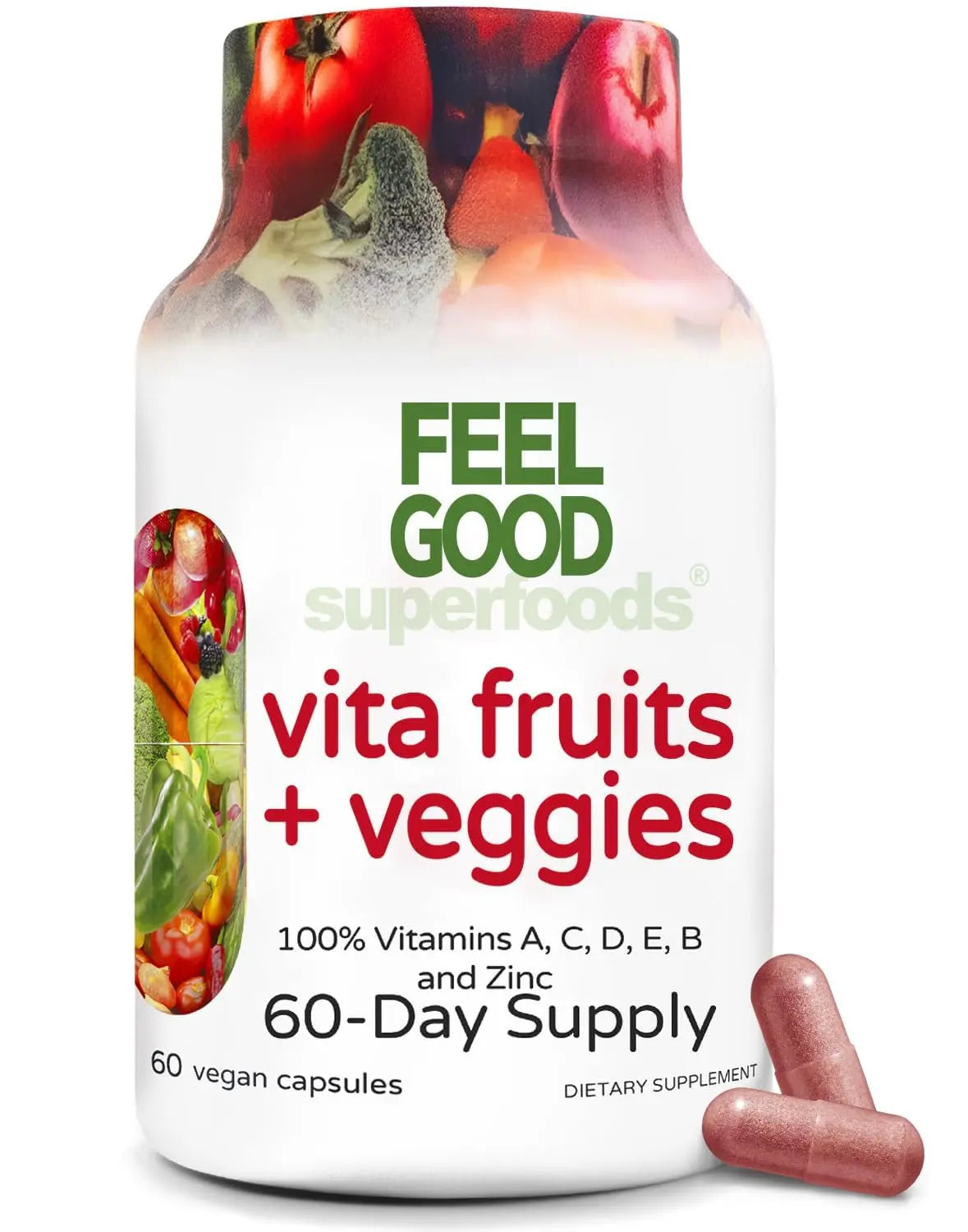 FeelGood Superfoods Vita Fruits and Veggies Capsules - 25 Superfood Ingredients, Fruit and Vegetable Multivitamin, 60 Count FeelGood SuperfoodsAu supplements
