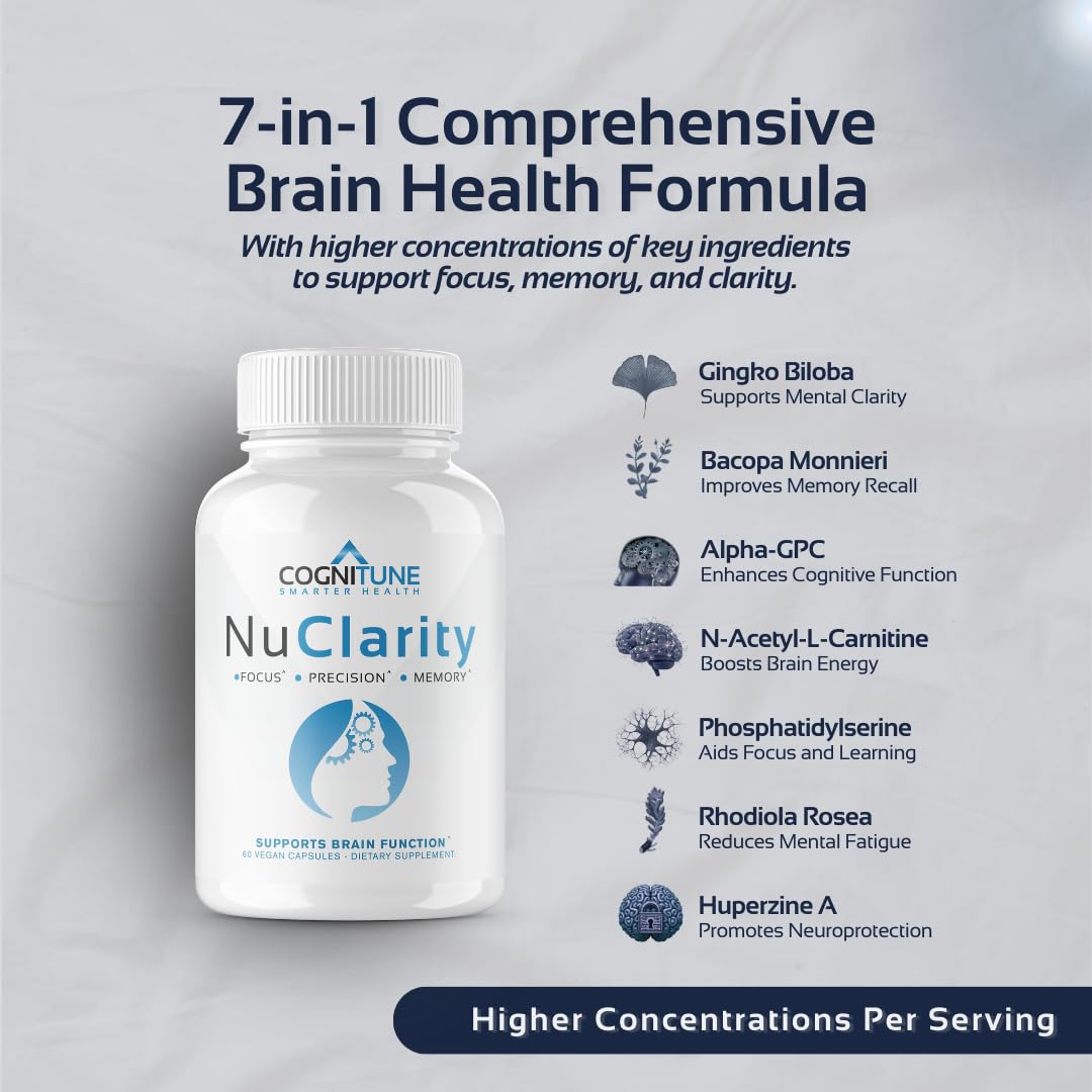 CogniTune NuClarity Brain Supplement for Memory and Focus - Caffeine-Free Nootropic for Mental Clarity Without Jitters - with Ginkgo Biloba, Bacopa Monnieri, Alpha-GPC for Cognitive Support CogniTuneAu supplements
