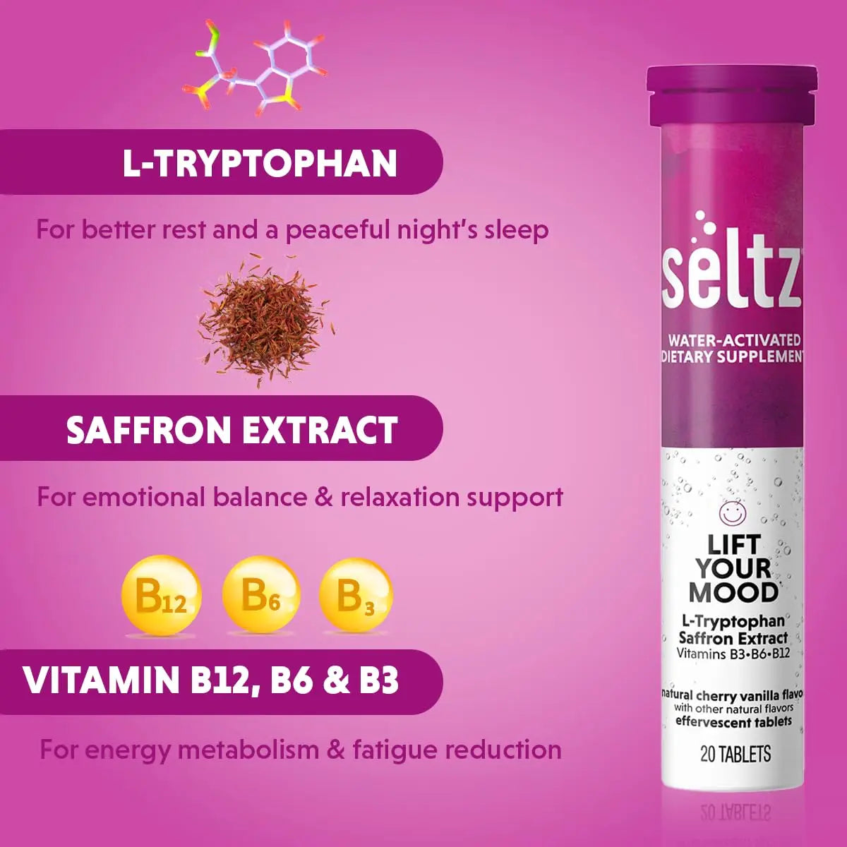 Seltz® Lift Your Mood – Effervescent Vitamins for Mood Support & Energy with L-Tryptophan, Saffron Extract & B Vitamins (B3, B6, B12) SeltzAu supplements