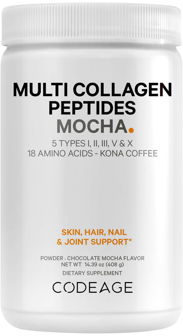 Codeage Multi Collagen Peptides Protein Powder - Chocolate Mocha Instant Coffee - Gourmet Knoa Coffee Drink & Shake - Collagen Type I, II, III, V & X - Grass-Fed, Hydrolyzed, Non-GMO - 14.39oz CodeageAu supplements