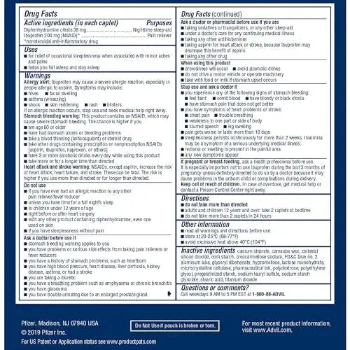 Advil PM Pain Reliever and Nighttime Sleep Aid, Pain Medicine with Ibuprofen for Pain Relief and Diphenhydramine Citrate for a Sleep Aid - 50x2 Coated Caplets AdvilAu supplements