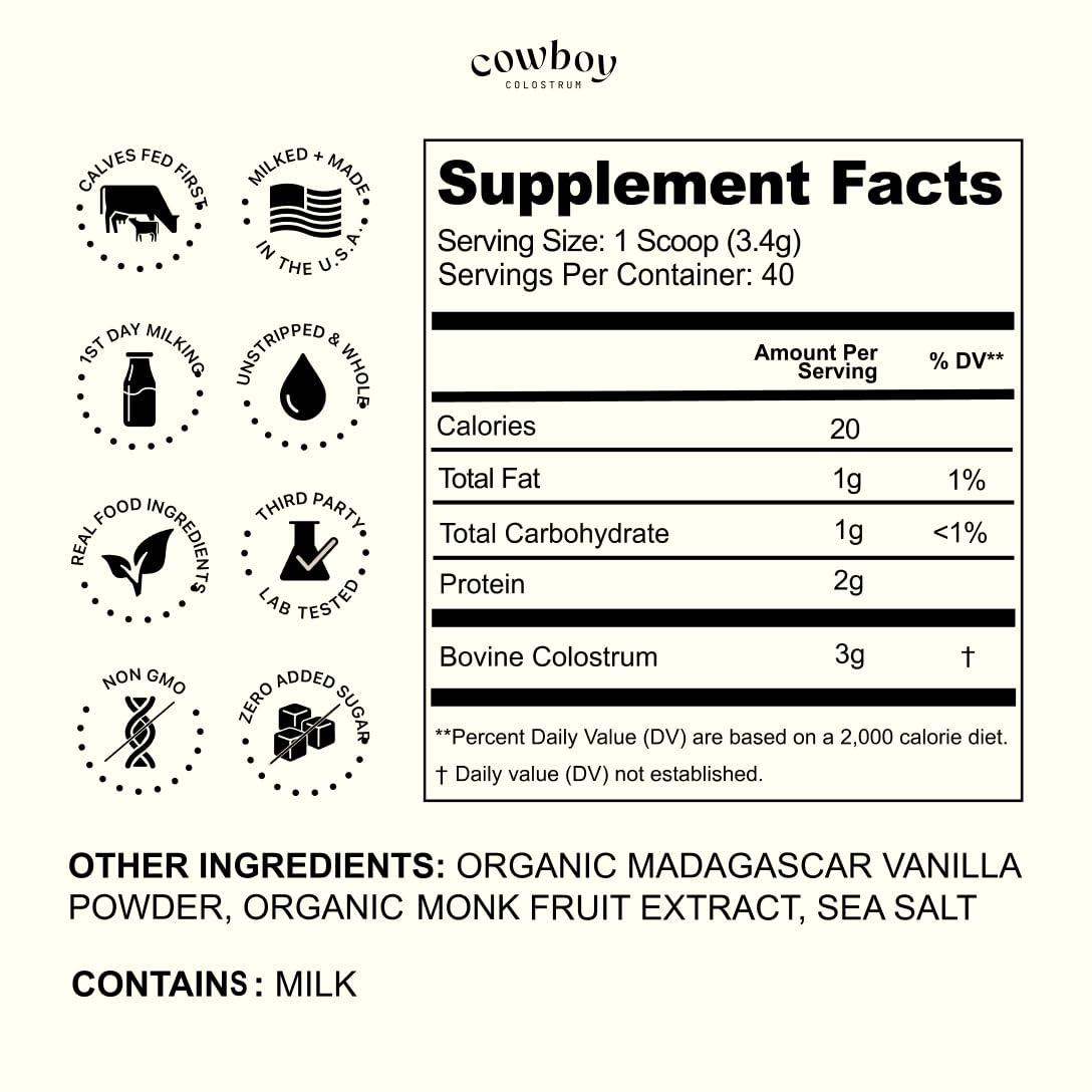 Cowboy - The Exclusive 1st Milking, Whole, Grass Fed Colostrum Supplement for Full Body Health - Bovine Colostrum Powder Packed w/Bioactive Nutrients - Sugar Free (Vanilla, 40 Servings) COWBOY COLOSTRUMAu supplements