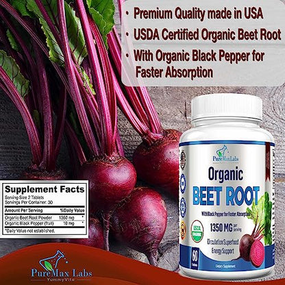 YUMMYVITE Organic Beet Root Powder Tablets - 1350mg with Black Pepper for Faster YUMMYVITEUS supplements